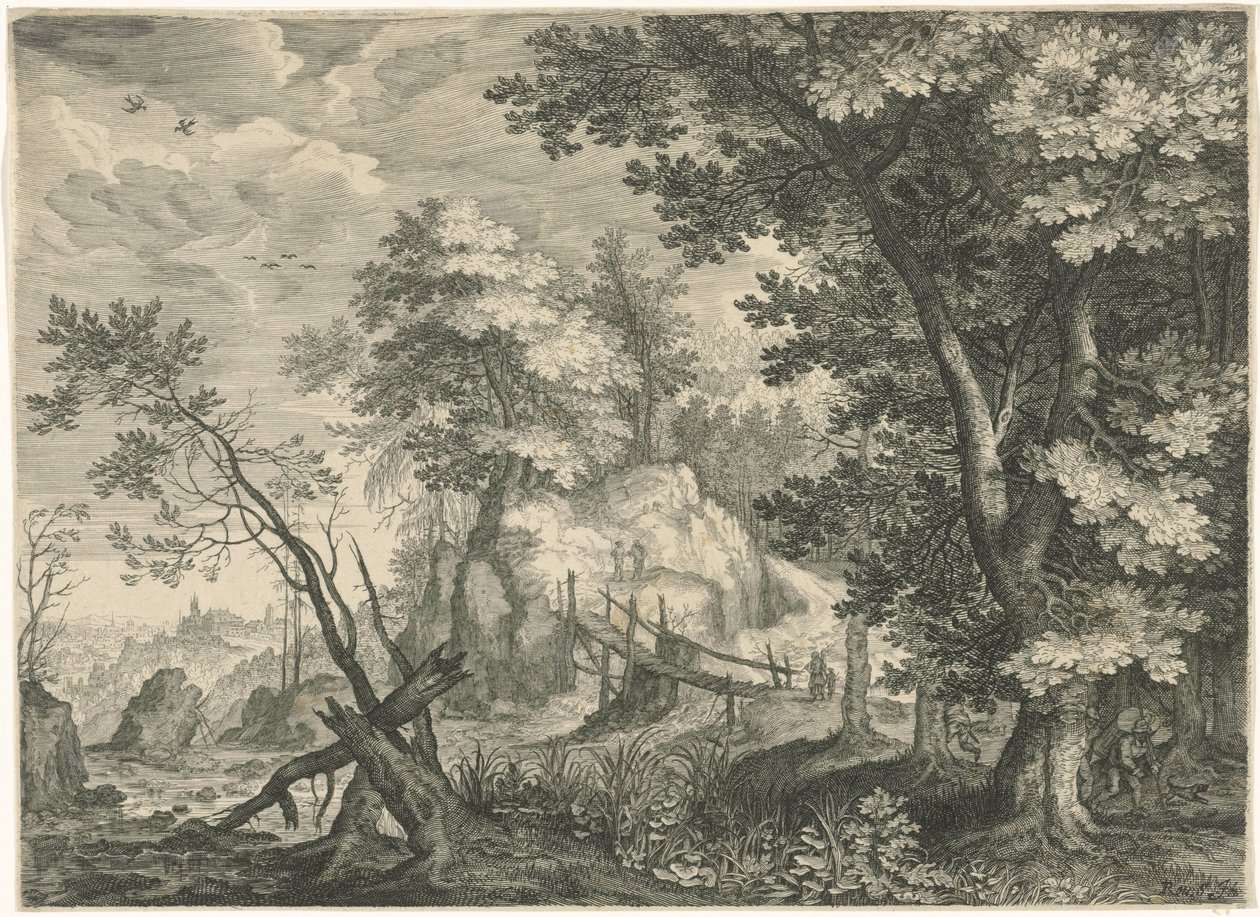 Forest Landscape with Wooden Bridge (Mountain Landscapes from Tyrol) by Egidius  Sadeler (II)