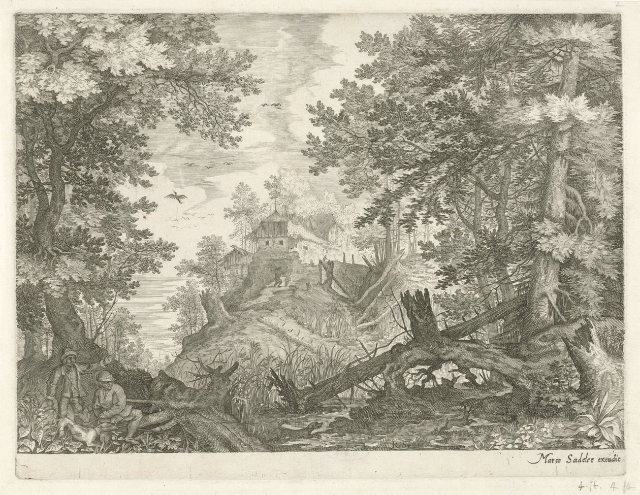 Forest Landscape with Two Hunters and a Dog by Egidius  Sadeler (II)