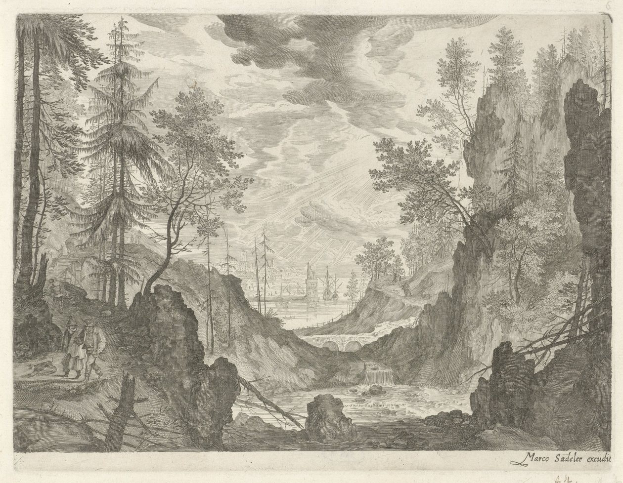 Forest Landscape with Waterfall (series title: Mountain Landscapes from Tyrol) by Egidius  Sadeler (II)