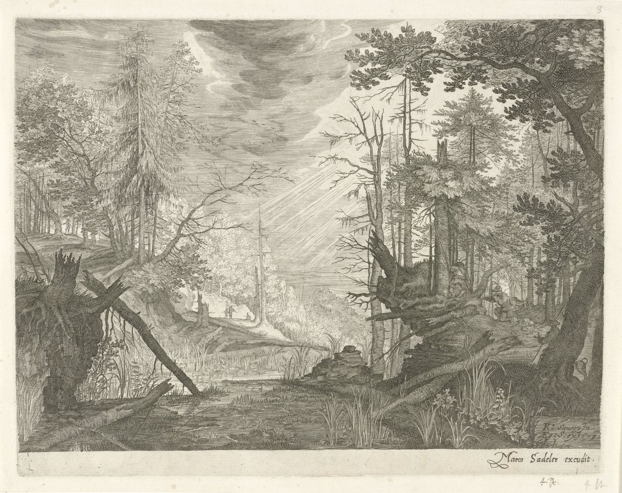 Three Hunters by a River in a Forest by Egidius  Sadeler (II)