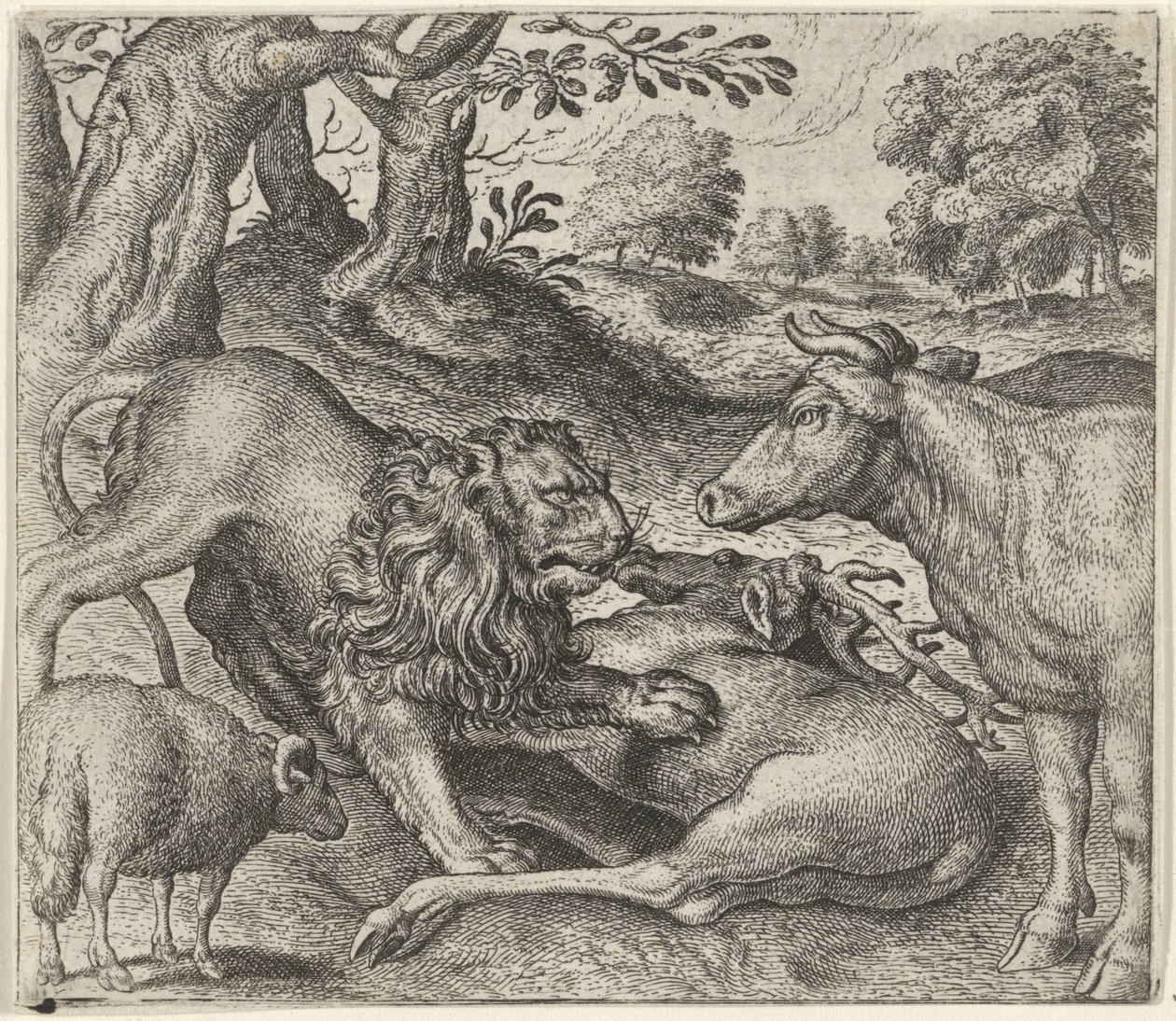 Fable of the Lion, the Cow, and the Sheep on the Hunt by Egidius  Sadeler (II)