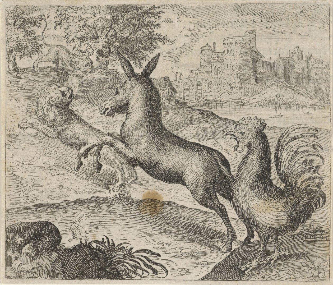 Fable of the Lion, Donkey, and Rooster by Egidius  Sadeler (II)