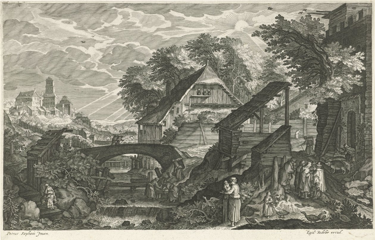 Houses by a River (series title: Eight Landscapes in Bohemia) by Egidius  Sadeler (II)