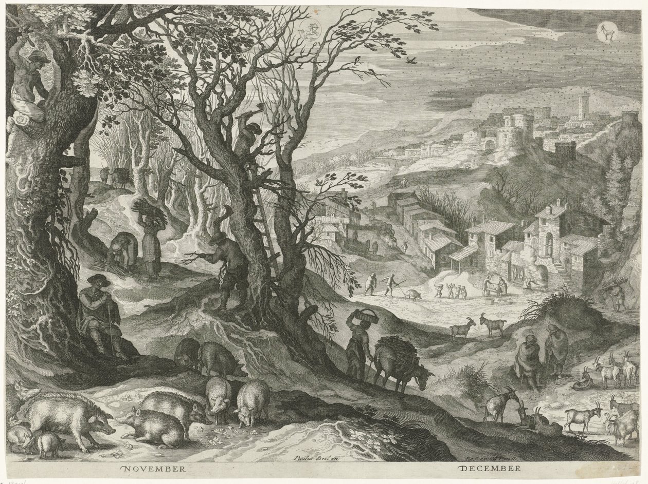 November and December from The Twelve Months in Six Italian Landscapes (series title) by Egidius  Sadeler (II)