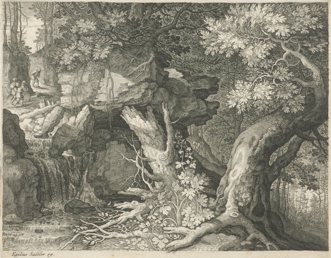 Travelers Above a Waterfall (Six Landscapes) by Egidius  Sadeler (II)