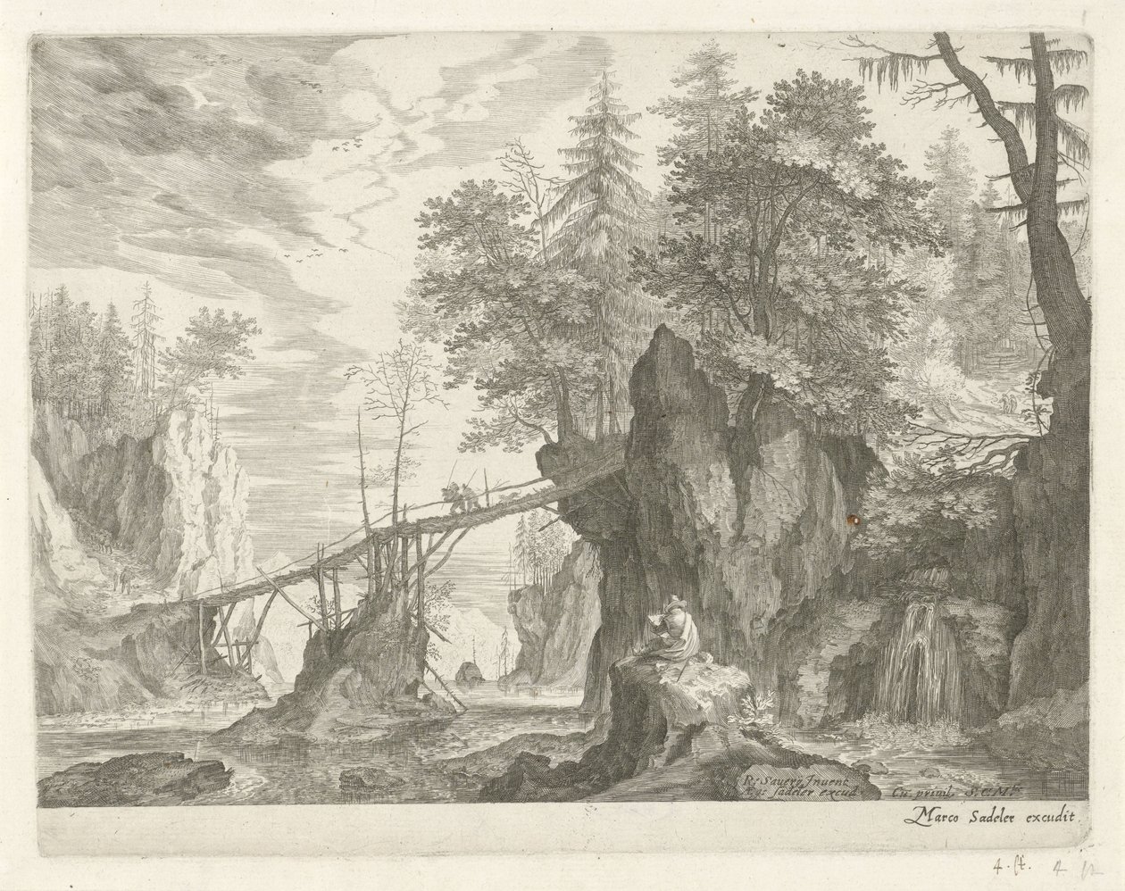 Drawer Sitting on a Stone in Front of a Bridge (series title: Mountain Landscapes from Tyrol) by Egidius  Sadeler (II)