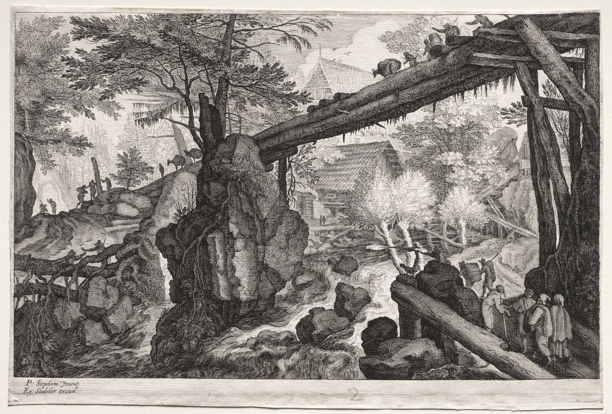 Landscape with Log Bridge over Cataract by Aegidius Sadeler
