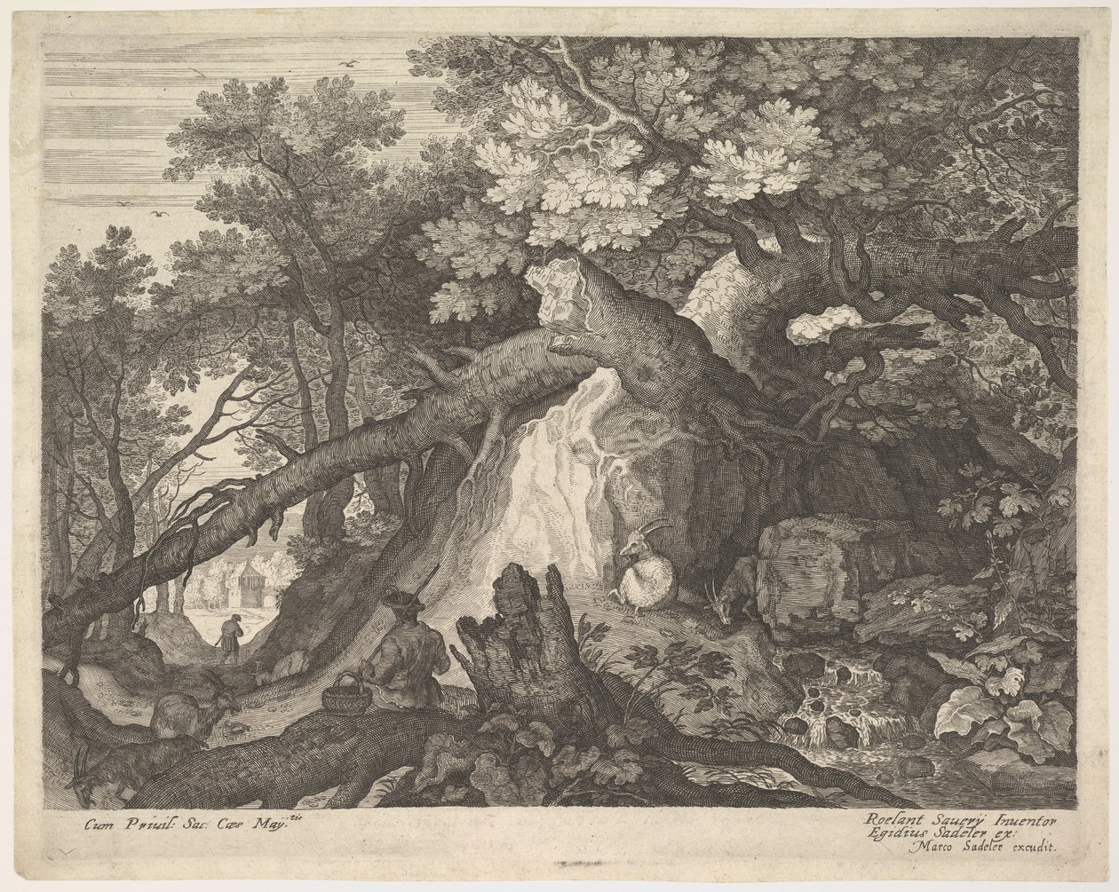 A Man Holding a Staff and Seated on a Tree Trunk, with Two Goats to Either Side by Aegidius Sadeler II