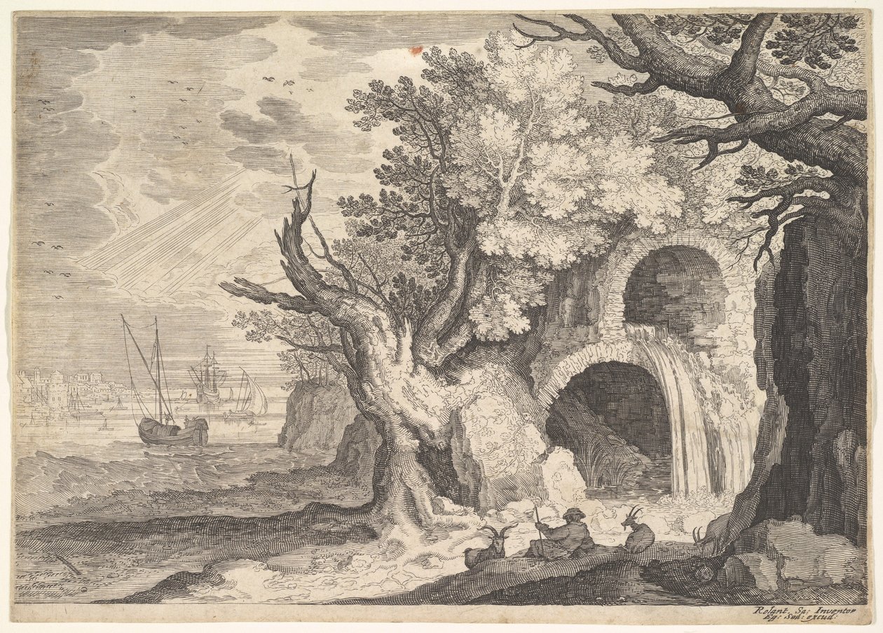 Ruined aqueduct with water spilling from it to a stream below, ships at sea beyond, ca. 1600 by Aegidius Sadeler II
