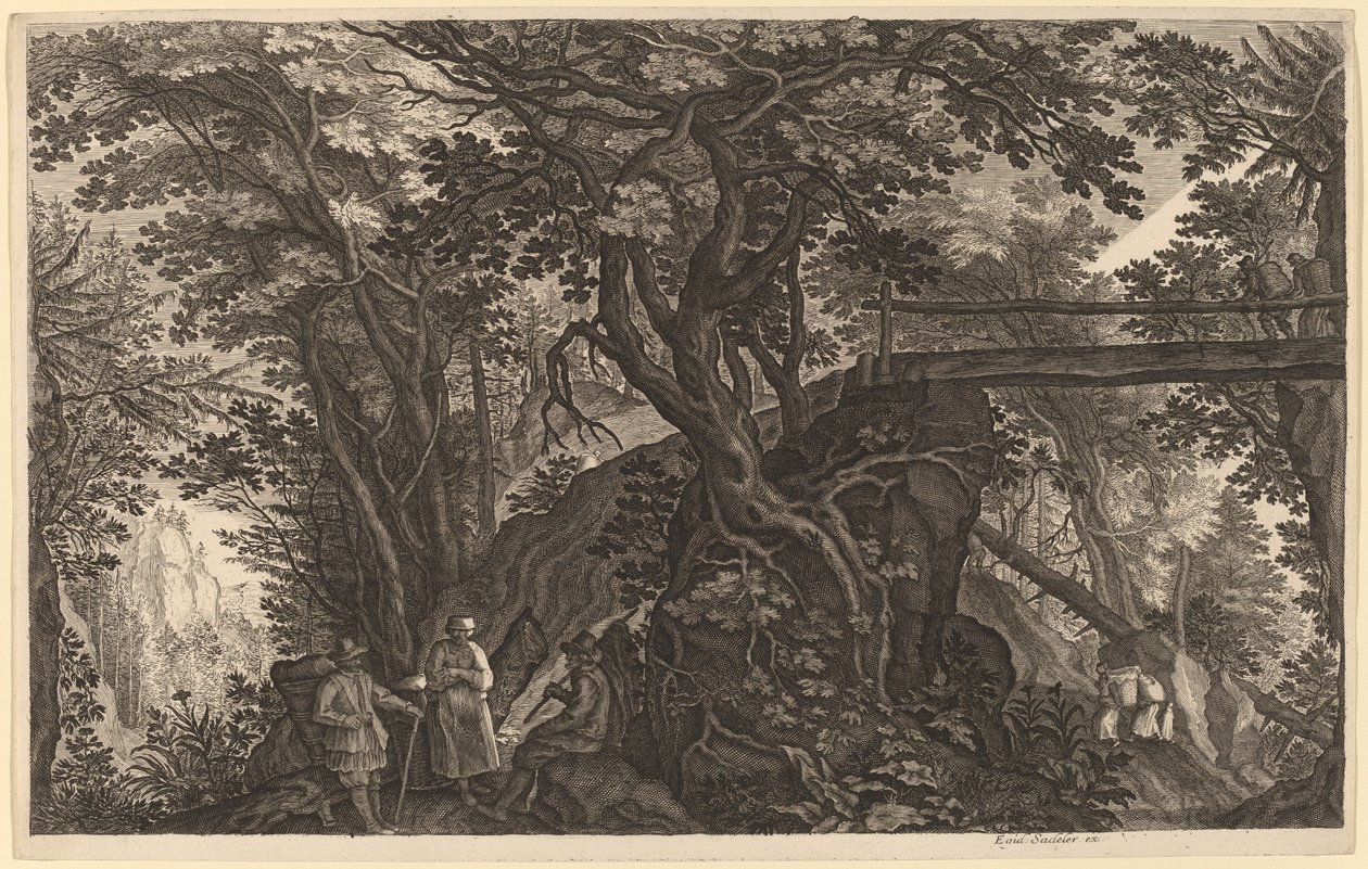 Forest Landscape with Two Men and a Woman Resting near a Bridge by Aegidius Sadeler II after Pieter Stevens