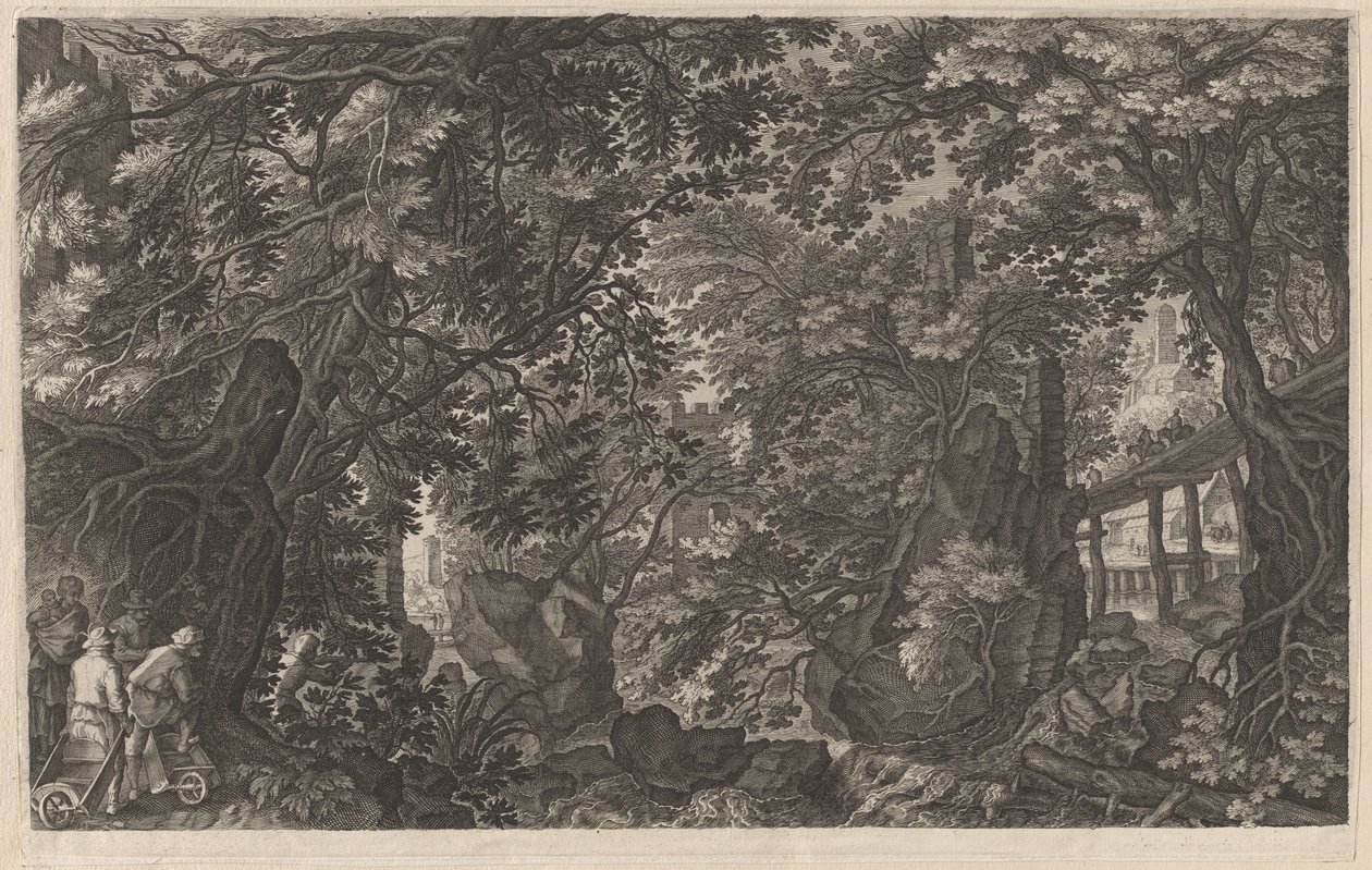 Hunters in a Forest near a Wooden Bridge by Aegidius Sadeler II after Pieter Stevens