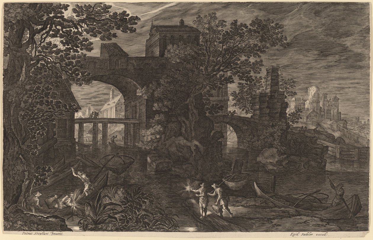 Nocturnal Landscape with River Fishermen outside City Walls by Aegidius Sadeler II after Pieter Stevens