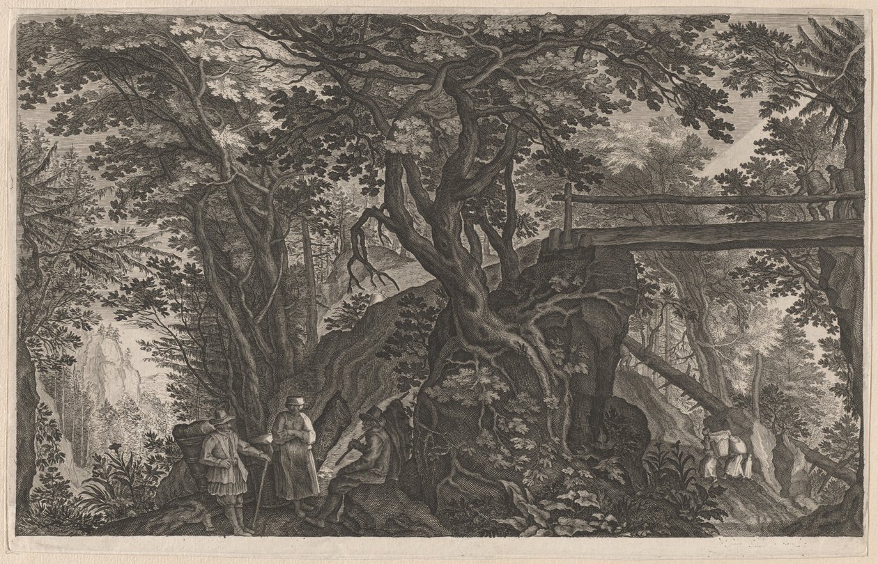 Travelers Resting in a Mountain Forest by a Log Bridge by Aegidius Sadeler II after Pieter Stevens