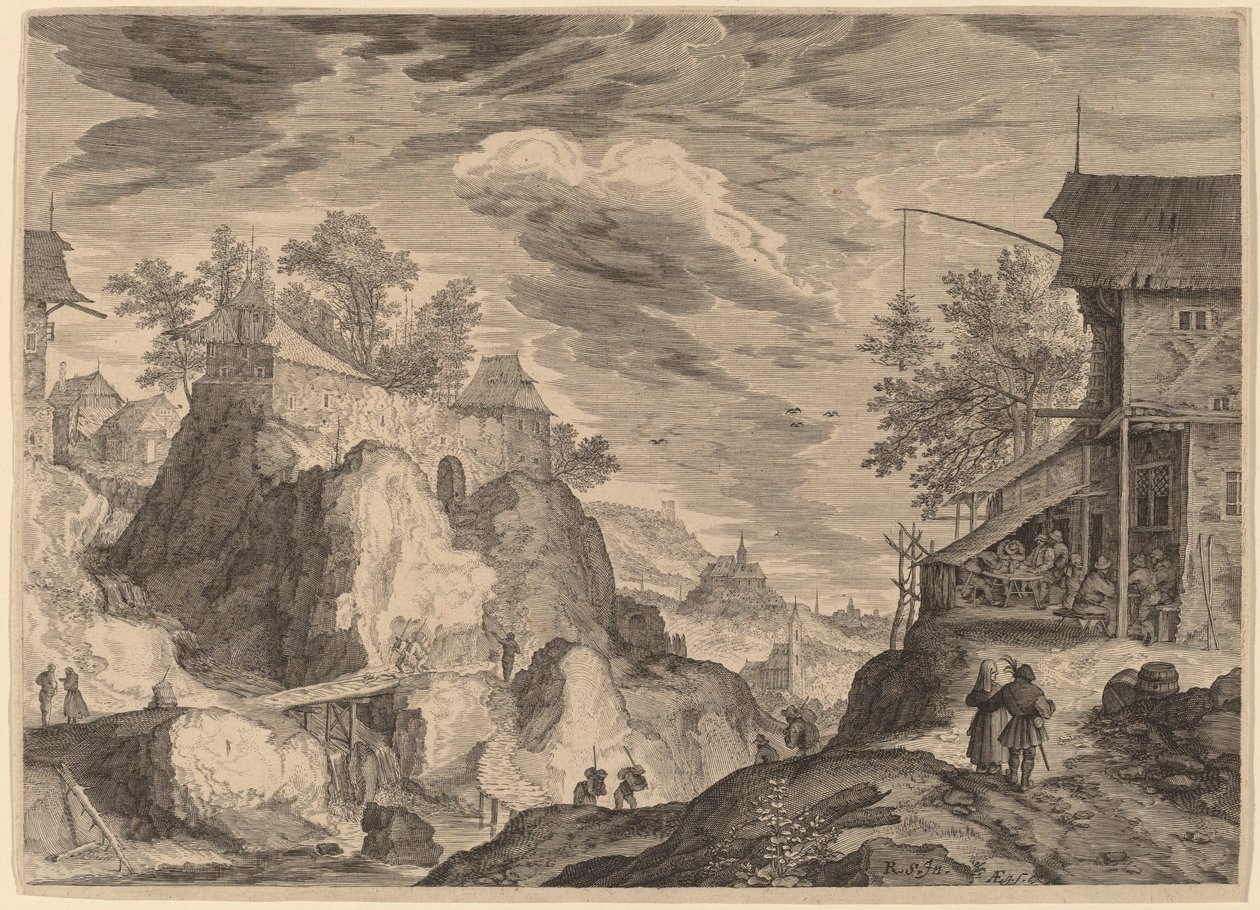 Landscape with an Inn to the Right and House on Rocks to the Left by Aegidius Sadeler II after Roelandt Savery