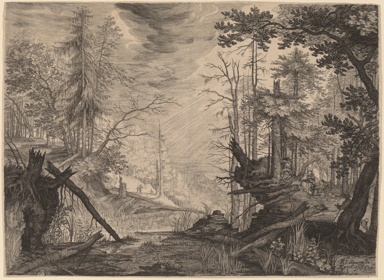 Three Hunters and Two Dogs near a Pool by Aegidius Sadeler II after Roelandt Savery