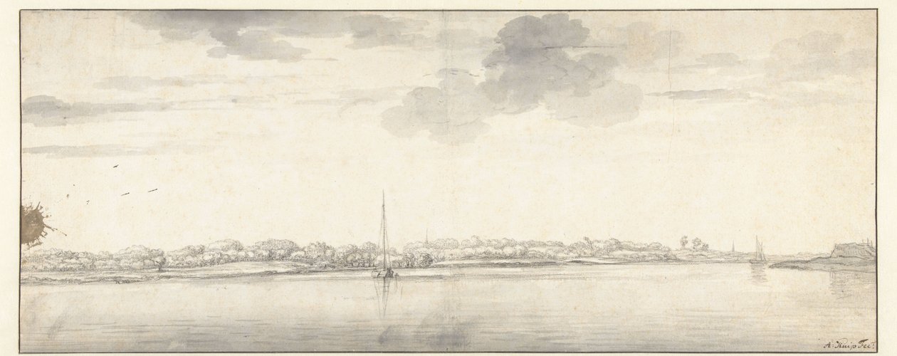 Expansive River View with Ships on Calm Water by Aelbert Cuyp