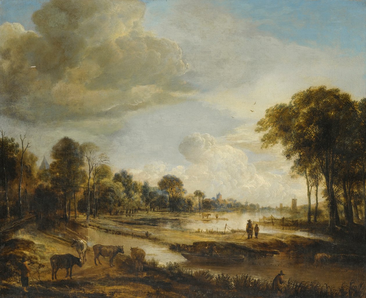A River Landscape with Figures and Cattle by Aert van der Neer