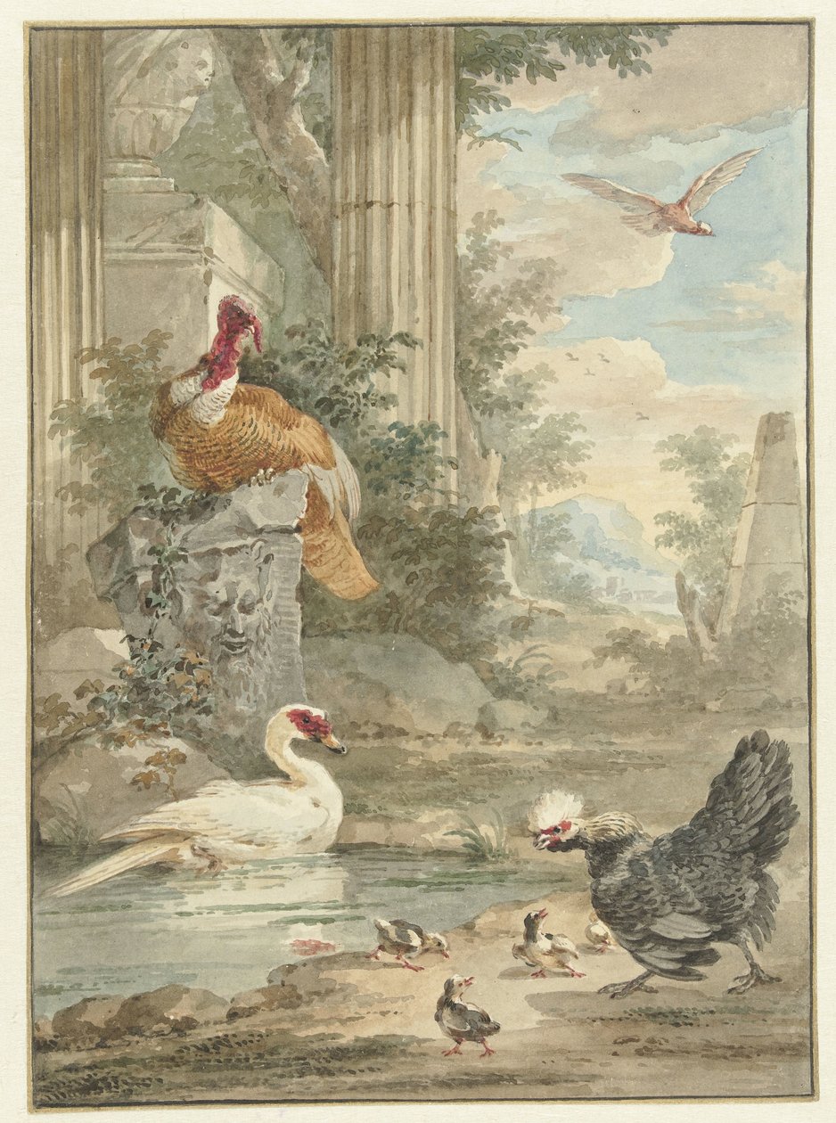 Turkey and Other Birds near Classical Ruins in a Park by Aert Schouman
