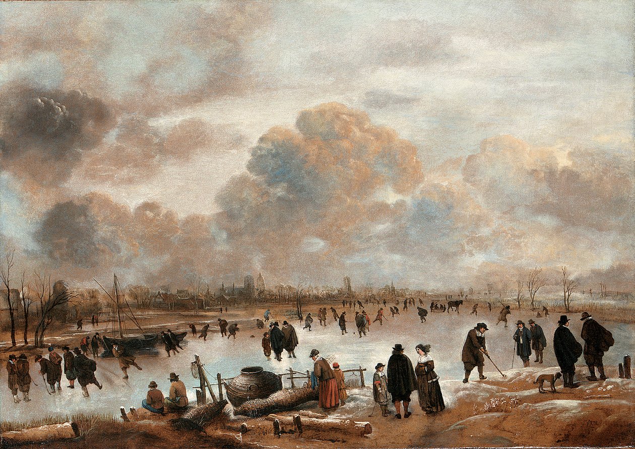 A Winter Landscape with Skaters and Townsfolk on a Frozen Waterway by Aert van der Neer