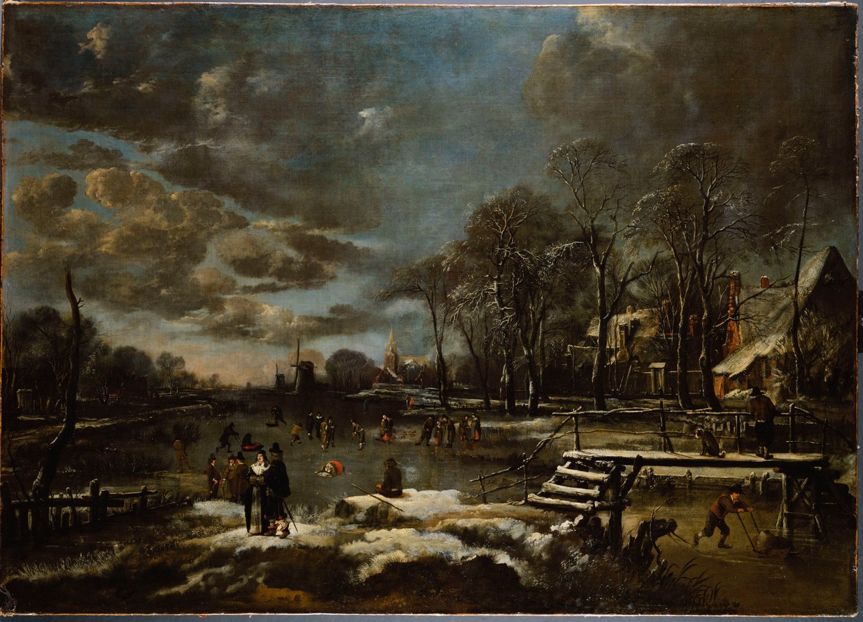 A Winter River Landscape with Figures Playing Golf and Skating by Aert van der Neer