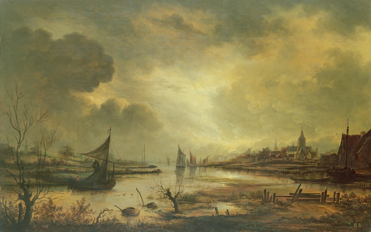 Dutch Town on a River by Moonlight by Aert van der Neer