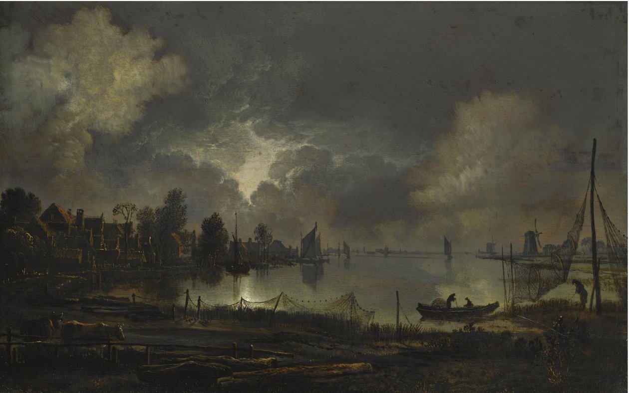 View of a Lakeside Town by Moonlight, with Nettings Hanging Out to Dry by Aert van der Neer