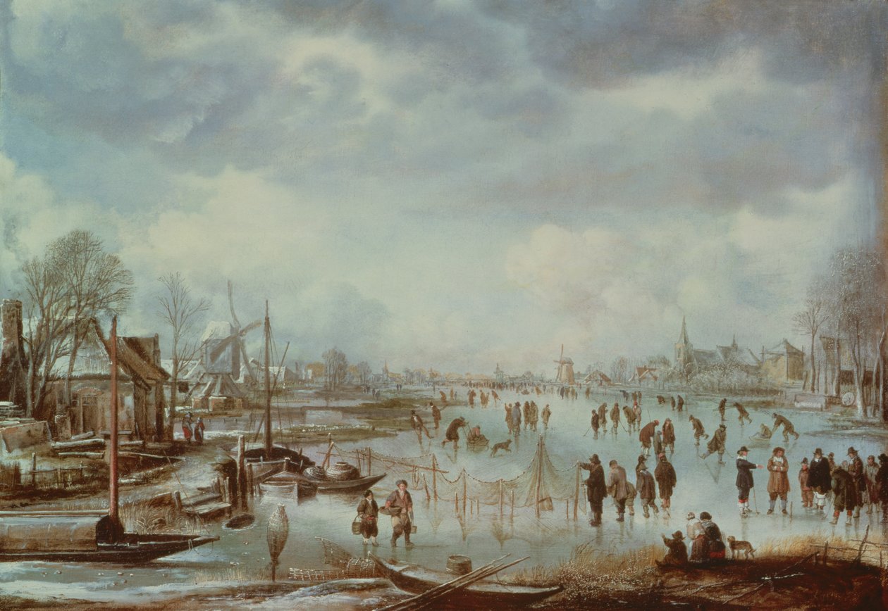 Winter Scene with Figures Skating by Aert van der Neer