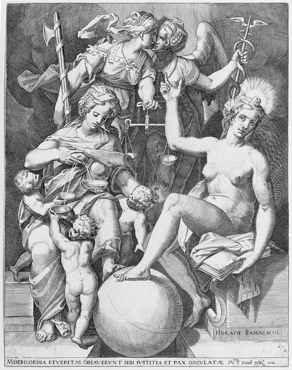 Allegory of the Psalm of David, Misericordia seated to the left feeding four children by After Agostino Carracci.