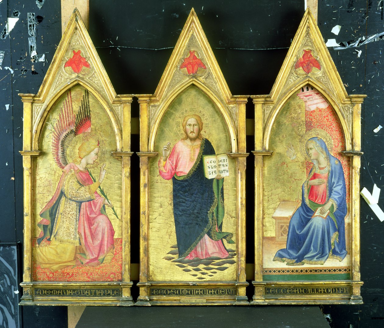 The Archangel Gabriel; Christ the Redeemer; The Virgin Annunciate on Gold Ground Panels by Agnolo Gaddi