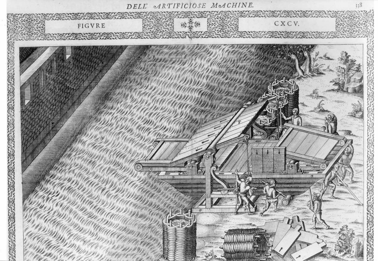 Bridge made in the shape of a boat, illustration from Diverse Imaginary Machines by Agostino Ramelli, published in Paris in 1588 by Agostino Ramelli