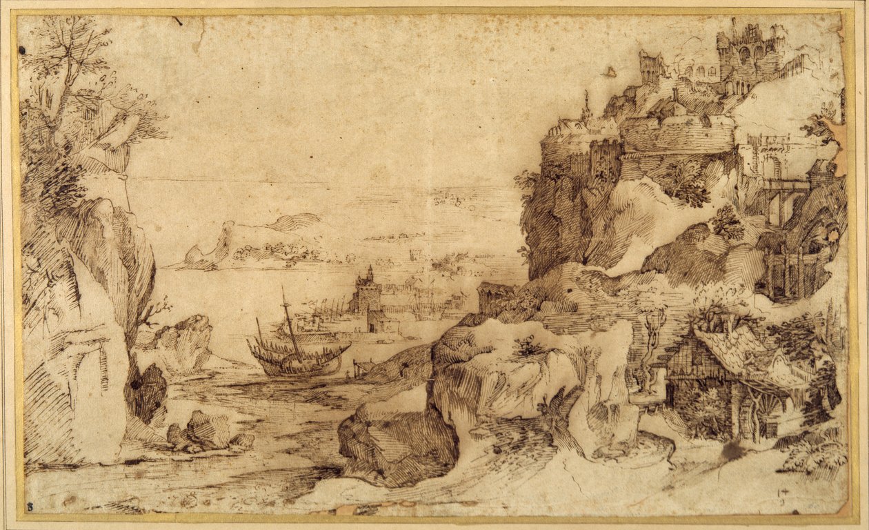 Downward view of a fortified harbour by Agostino (attr. to) Carracci