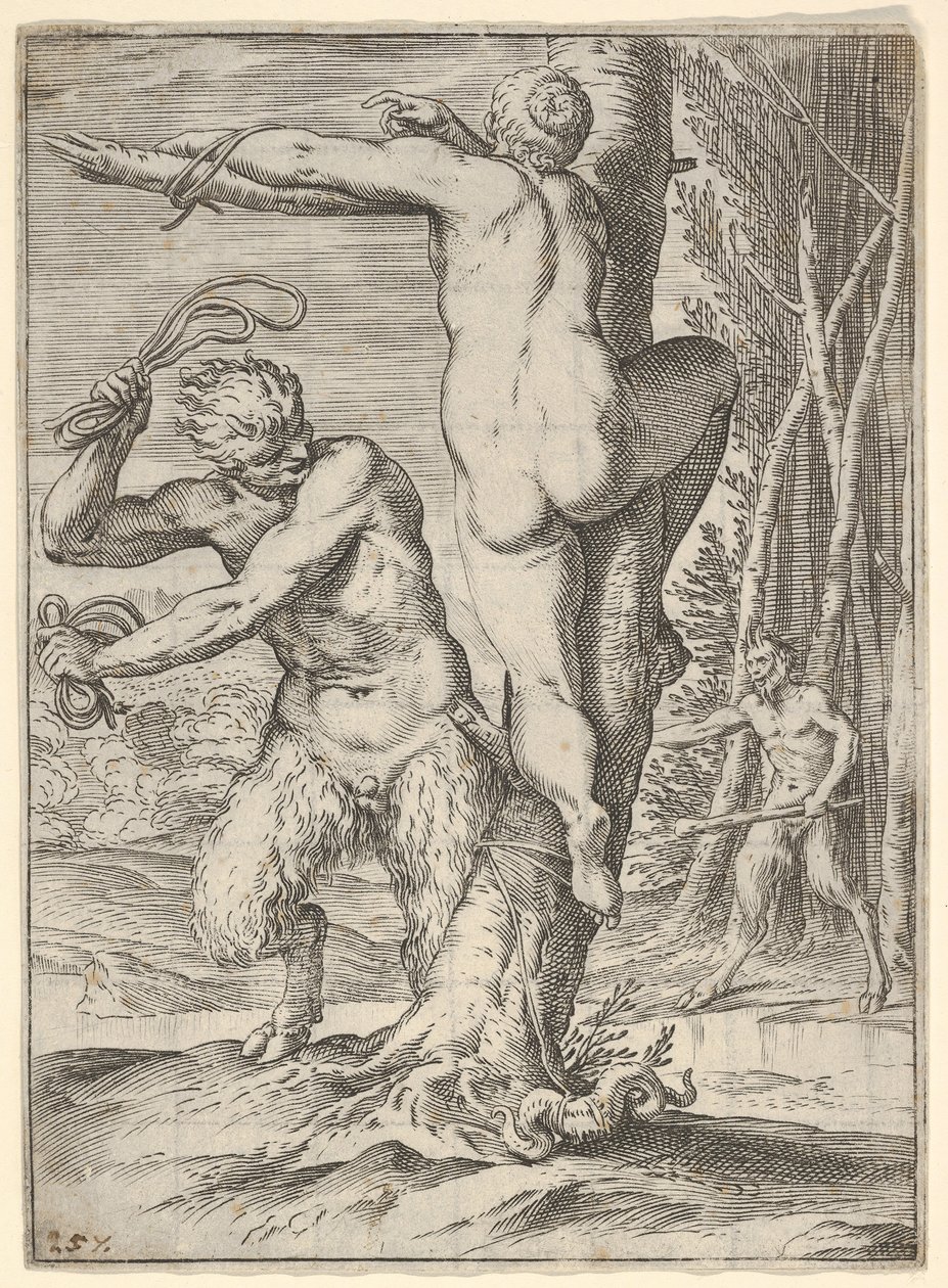 Satyr Whipping a Nymph, Bound to a Tree by Agostino Carracci