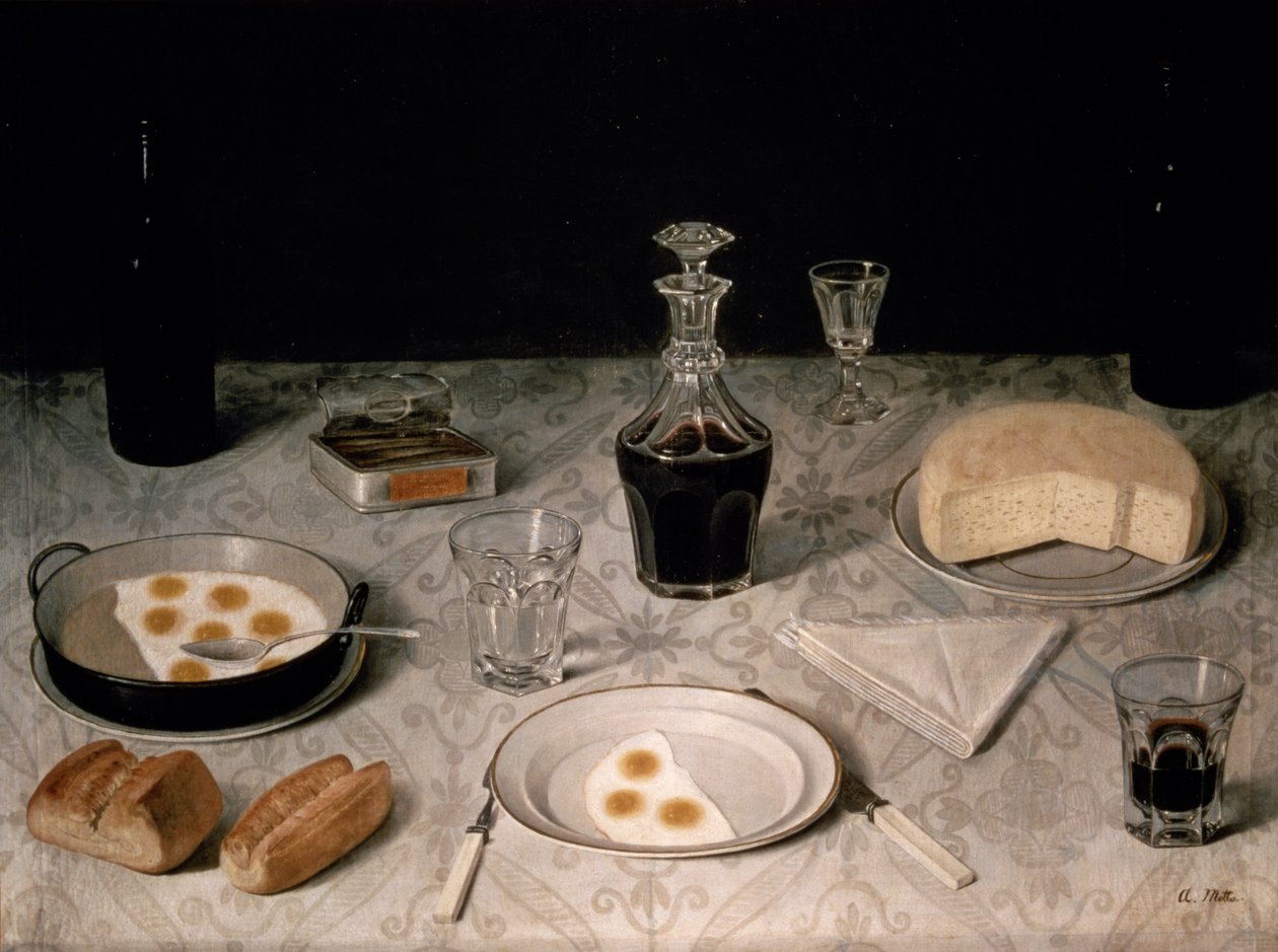 Still Life with Eggs, Bread, Cheese and Wine by Agostino Jose da Mota