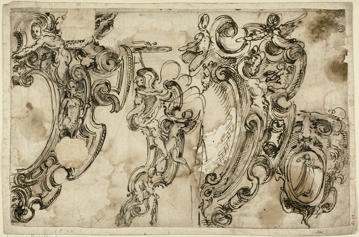 Sketches of Decorative Motifs; Sketch of Decorative Motif by Agostino Mitelli