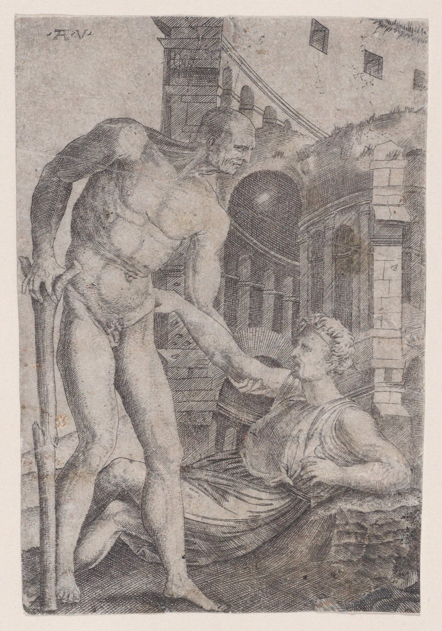 A Man Helping Another to His Feet, ca. 1514-36 by Agostino Veneziano
