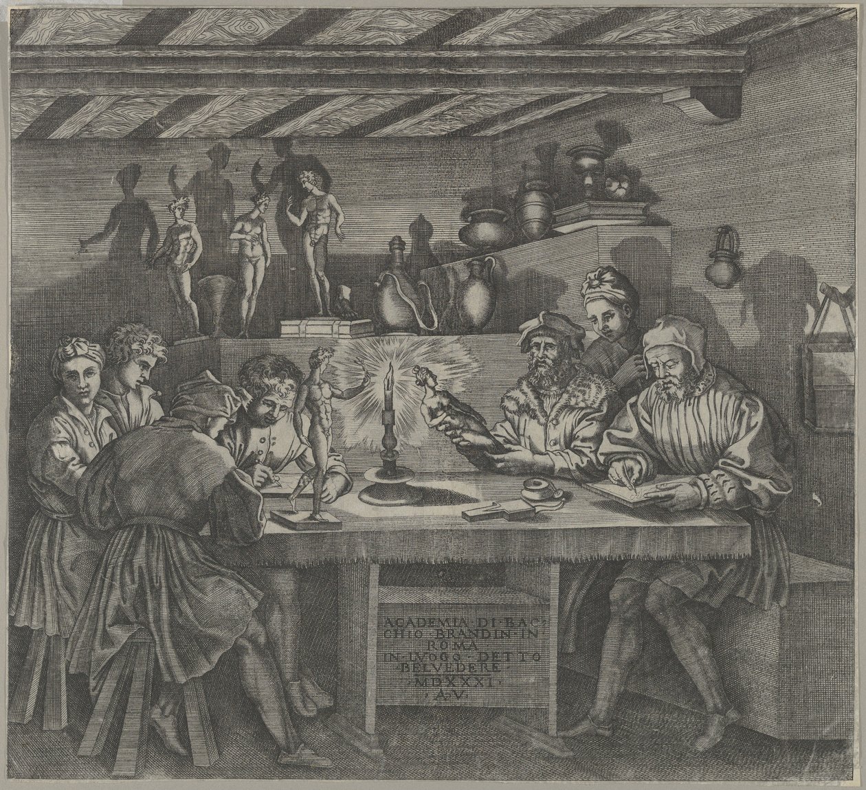 Baccio Bandinelli in His Studio Holding a Statuette of Venus, Students Sketching by Agostino Veneziano