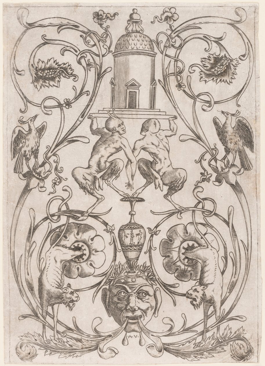 Grotesque Ornament with Satyrs, from a set of twenty ornament panels by Agostino Veneziano