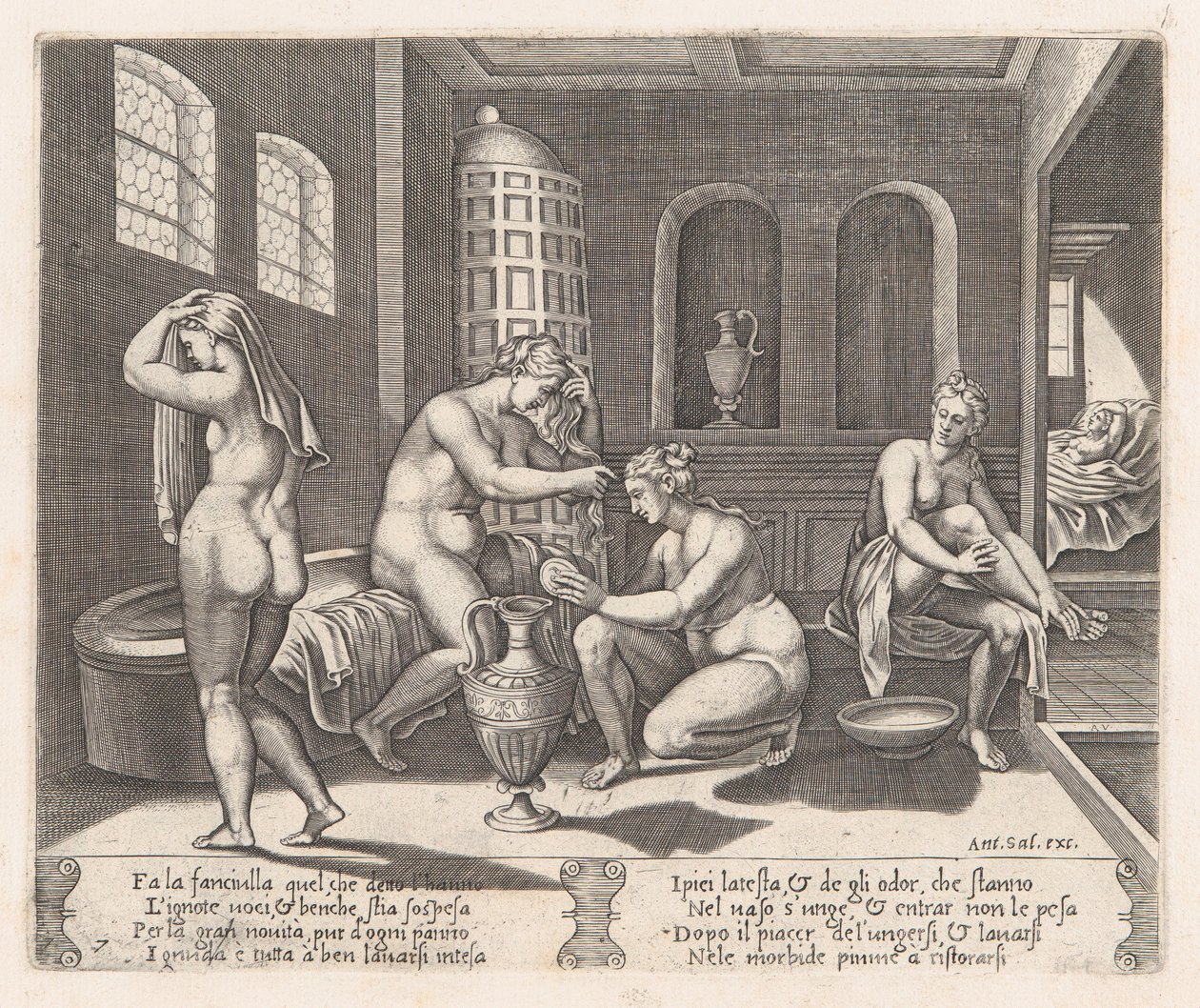 Psyche Attended in Her Bath, from the Story of Cupid and Psyche as Told by Apuleius, 1530-60 by Agostino Veneziano