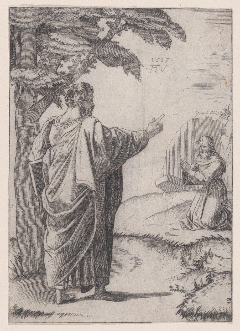 Saint Paul and the Franciscan Friar, dated 1517 by Agostino Veneziano