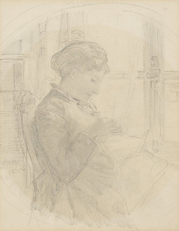 Knitting Woman in Front of a Window by Albert Anker