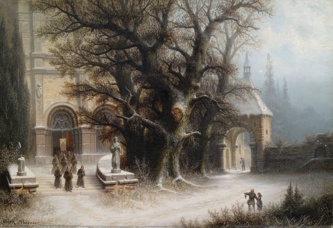 Procession at a Snow-Covered Monastery by Albert Bredow