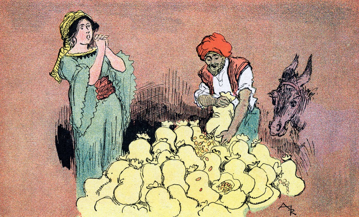 Ali Baba Shows the Gold Bags to His Wife by Albert (after) Robida