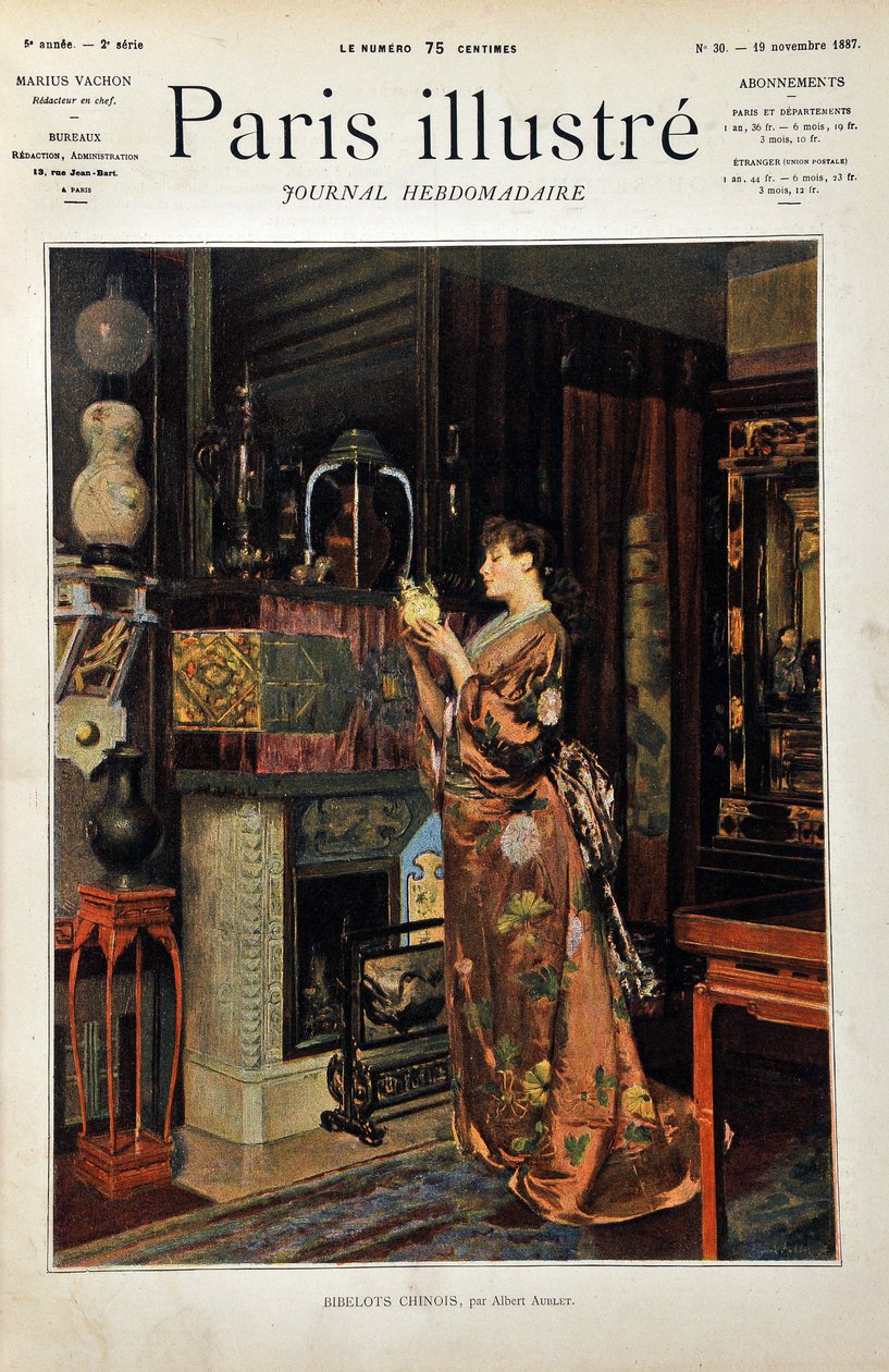Chinese trinkets. A European woman dressed in the Orient observes her collection of Chinese objects. Illustration by Albert Aublet (1851-1938). Engraving from 1887 in 