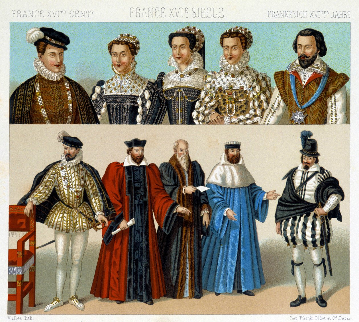 Costumes of nobles and magistrates in France in the 17th century. Chromolithographic plate - in Le costume historique by Racinet by Albert Charles August Racinet