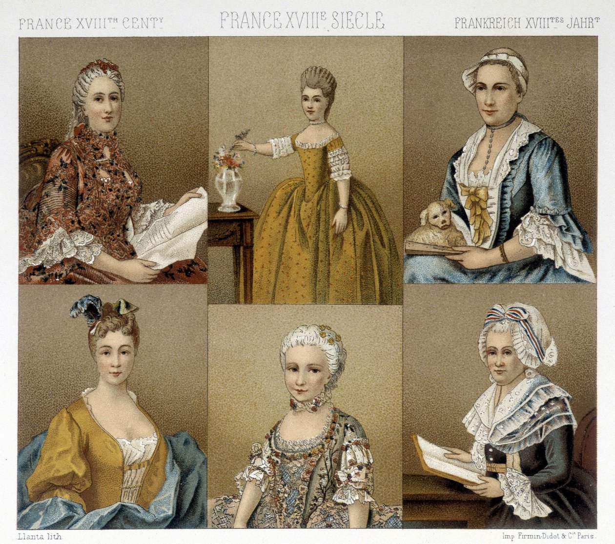 French feminine fashion in the 18th century. Illustration in 