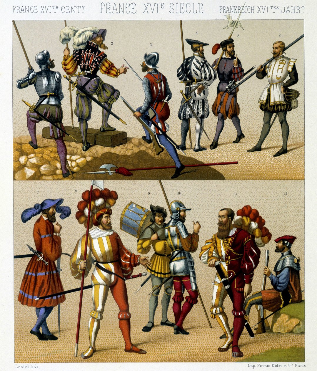 French military costumes in the 16th century. Chromolithographic plate - in Le costume historique by Racinet by Albert Charles August Racinet