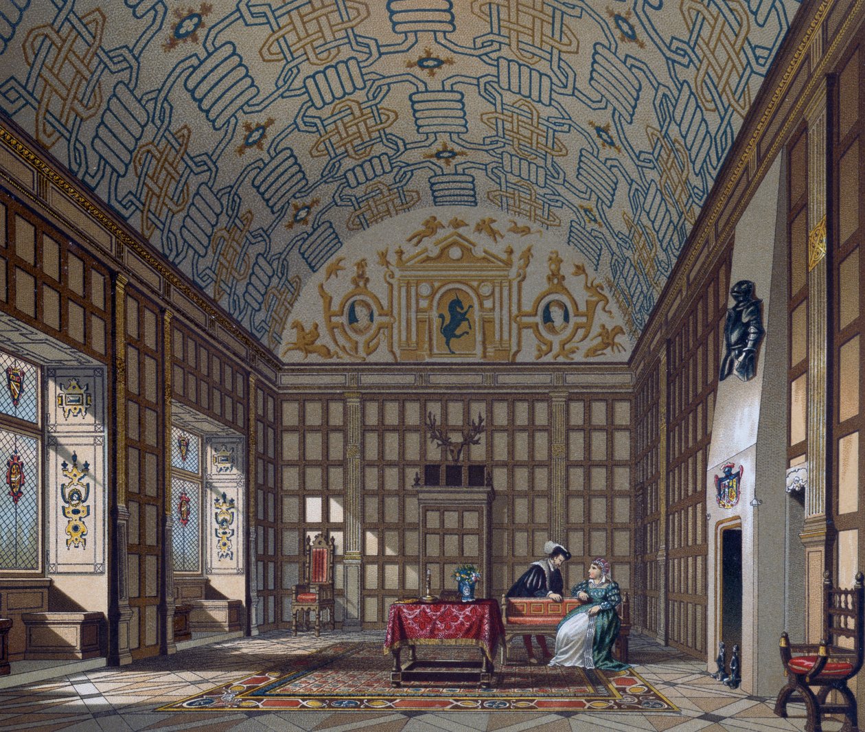 Interior of 16th century English dwelling, Lithograph by Gaulard from Le Costume historique (The Complete Costume History) by Albert Charles August Racinet
