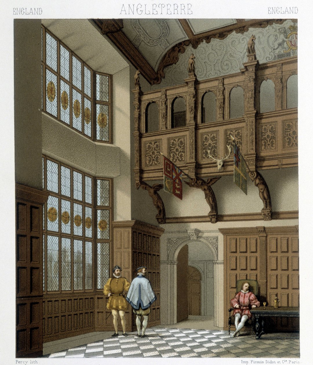 Interior of a stately house in England in the 18th century. Illustration in Le costume historique by Racinet by Albert Charles August Racinet