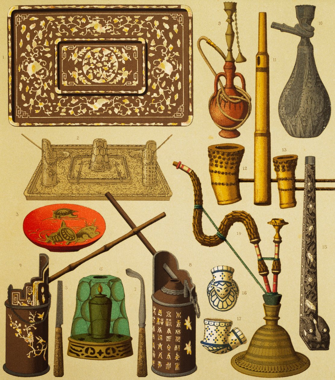 Pipe and objects used by smokers, lithograph from The Complete Costume History, first volume, by Auguste Racinet by Albert Charles August Racinet