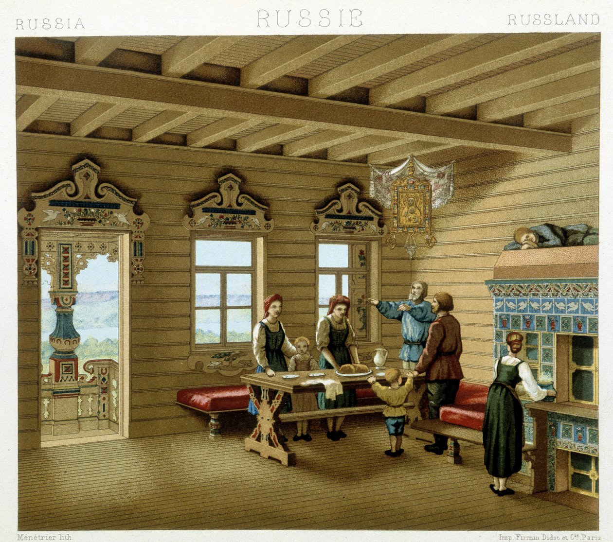 Russian Family in a Typical Residence in Russia in the 19th Century. Chromolithographic Plate - in 